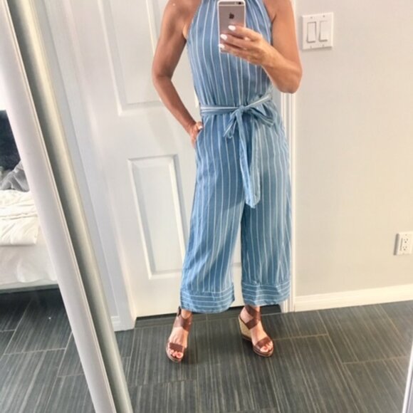 FATE  tencel blue/white striped jumpsuit with tie up halter neck size small - Picture 3 of 13